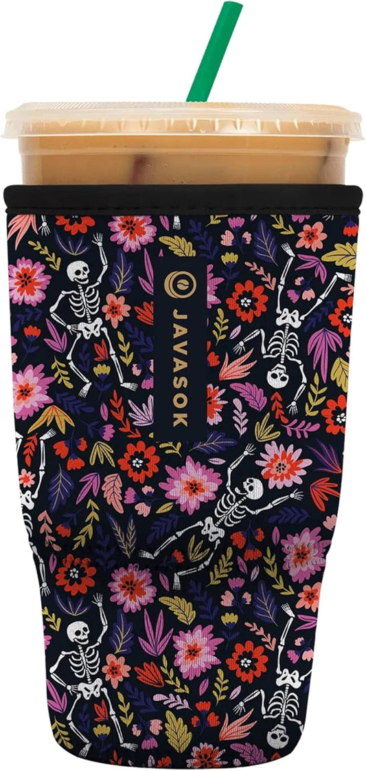 Sok It JavaSok Iced Coffee & Cold Soda Insulated Neoprene Cup Sleeve (Floral Skeleton, Large: 30-32oz)
