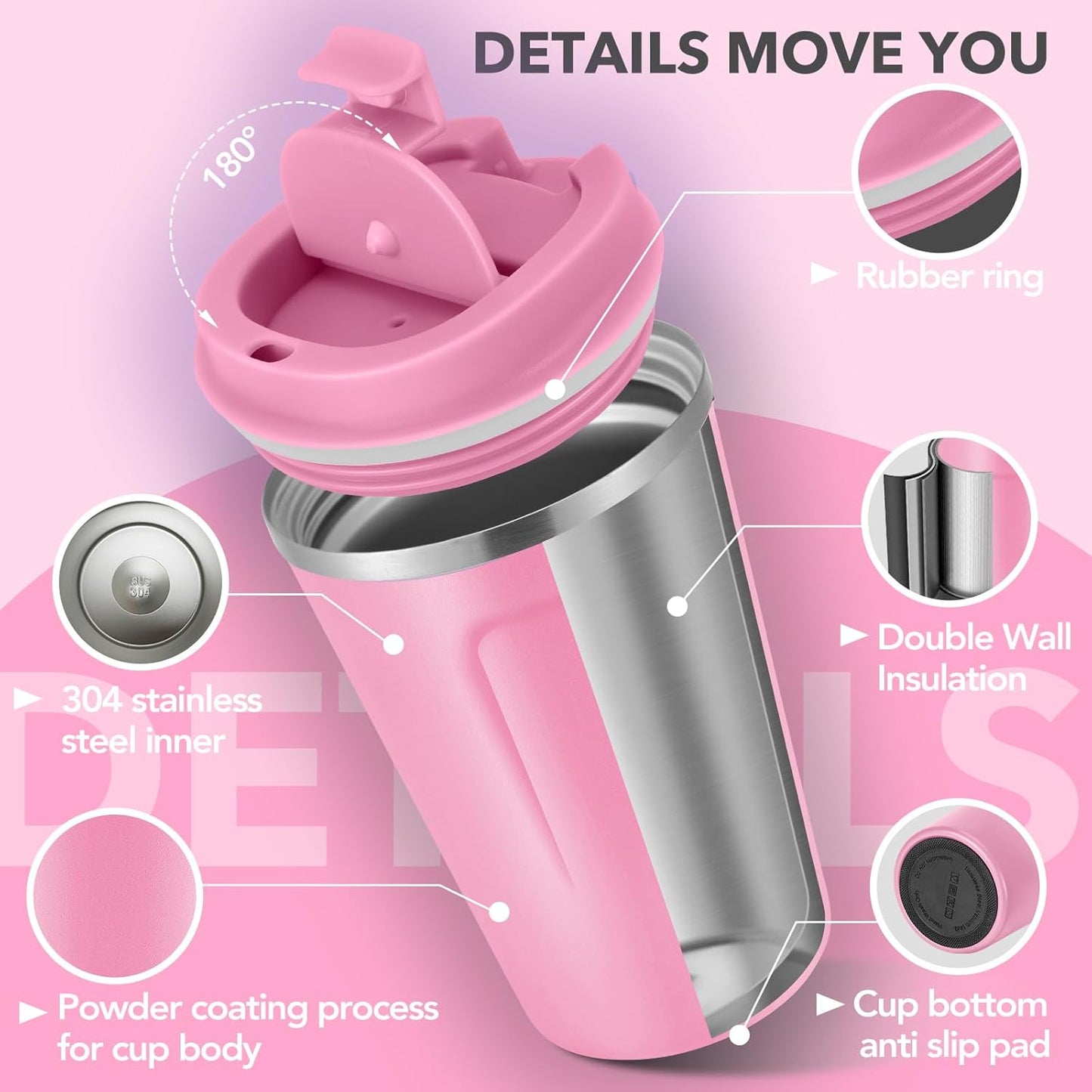 Volhoply 12 oz Double Wall Insulated Vacuum Travel Coffee Mugs with Flip Lid Bulk 2 Pack,Reusable Stainless Steel Leak Proof Coffee Cup,Portable Cafe Thermal Tumbler for Hot & Cold Drinks(Pink,2 Set)