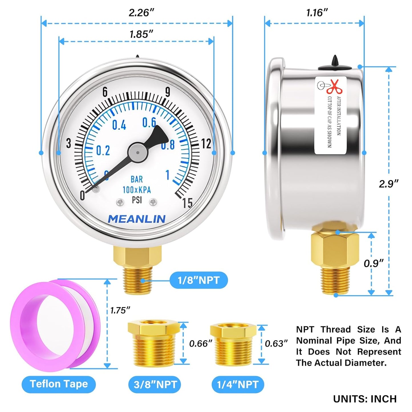 MEANLIN MEASURE 0~15Psi Dry Low Pressure Gauge Stainless Steel 1/" NPT 2" FACE DIAL Waterproof for Water Oil Air Well Pump Tank Tire Pressure Test Lower Mount, with 1/4" NPT and 3/8" NPT Hex Bushing