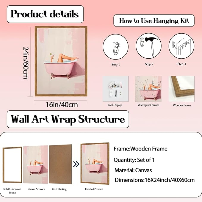 Funny Pink Girl Bathroom Wall Art, Cute Girly Bathtub Wall Decor Painting - Image 3