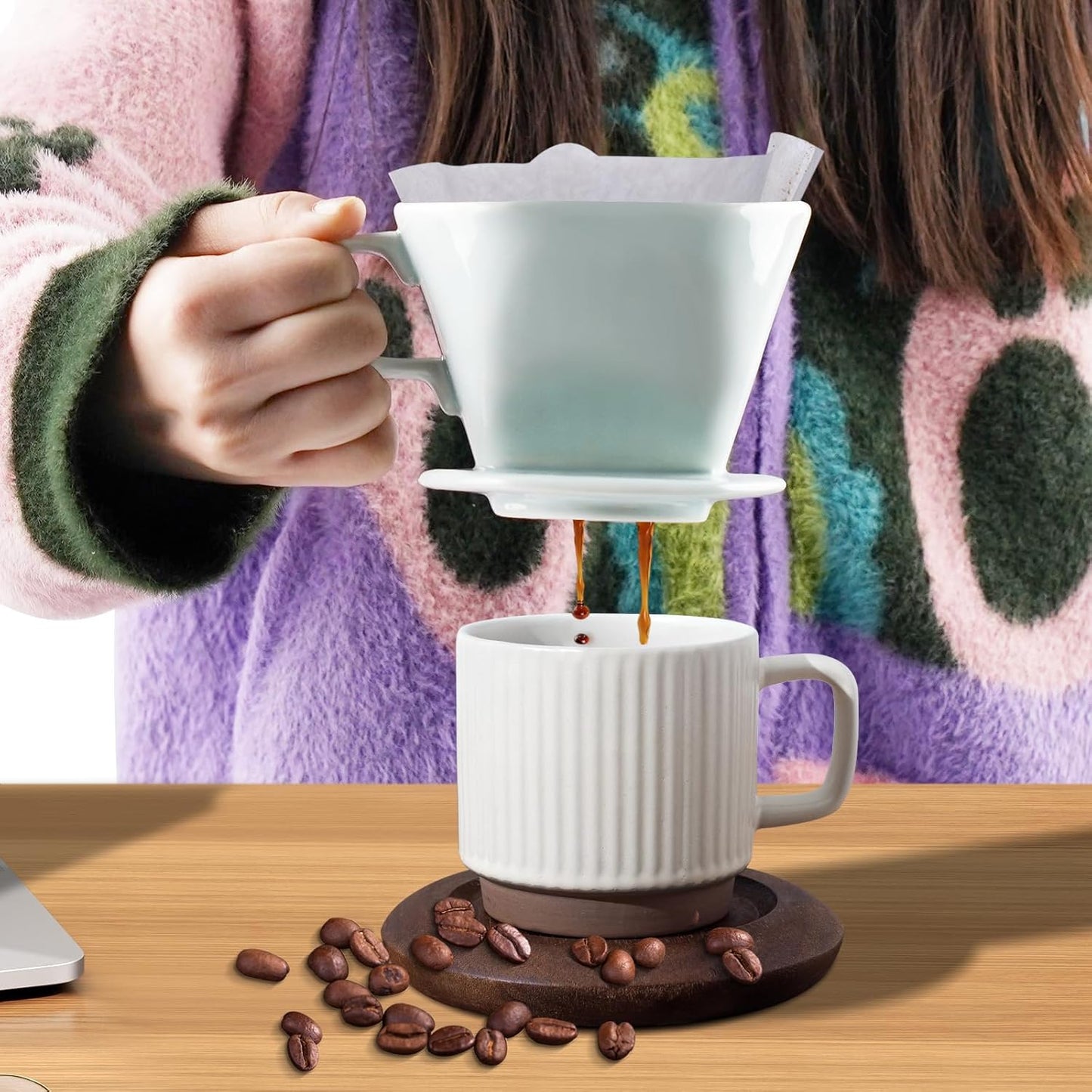 Handmade Pour Over Ceramic Coffee Dripper - Authentic Brewing Experience for Camping, Office, and Home (Blue)