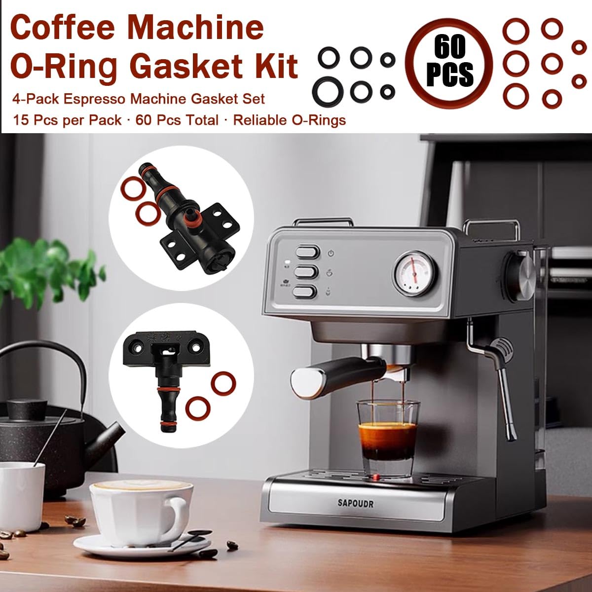 60Pcs Coffee Machine O Loop Seal Kit, Silicone O-Ring Seal Replacement Parts, Watertight O Ring Seal Washer Gaskets for Espresso Machine Different Sizes