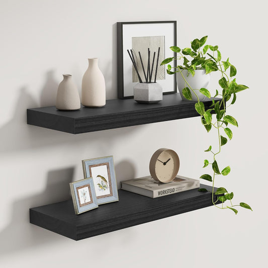 Black Floating Shelves 24 Inch Long, 9.3 Inch Deep Floating Shelves for Wall, Rustic Solid Wood Shelves, Deep Wall Shelves for Living Room, Bedroom, Kitchen, 24"W x 9.3"D x 1.6"H, Set of 2