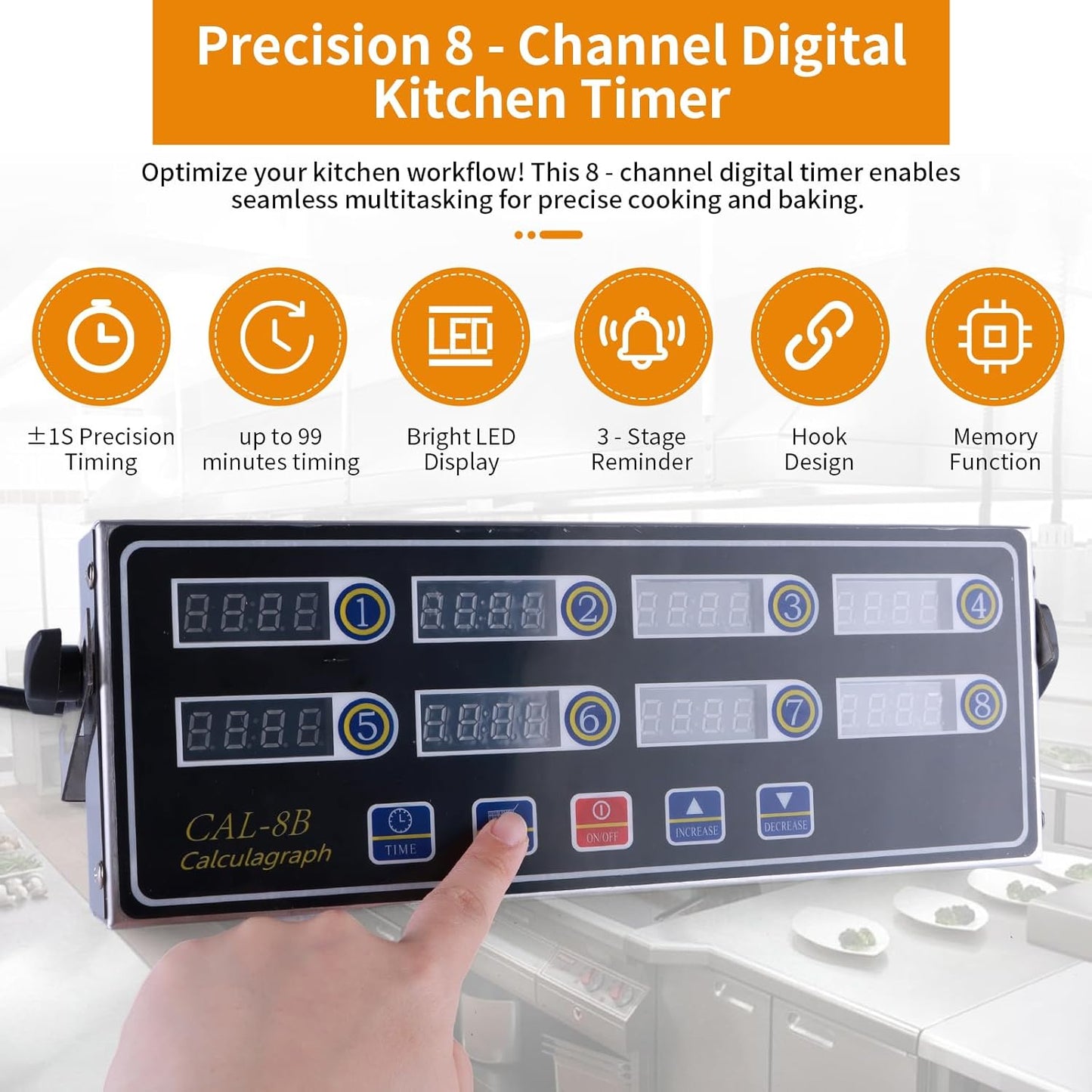 8-Channel Digital Kitchen Timer - Commercial Cooking Timer with Alarm Reminder- Professional Restaurant Timers for Fryer, Food Trucks, and Bakeries