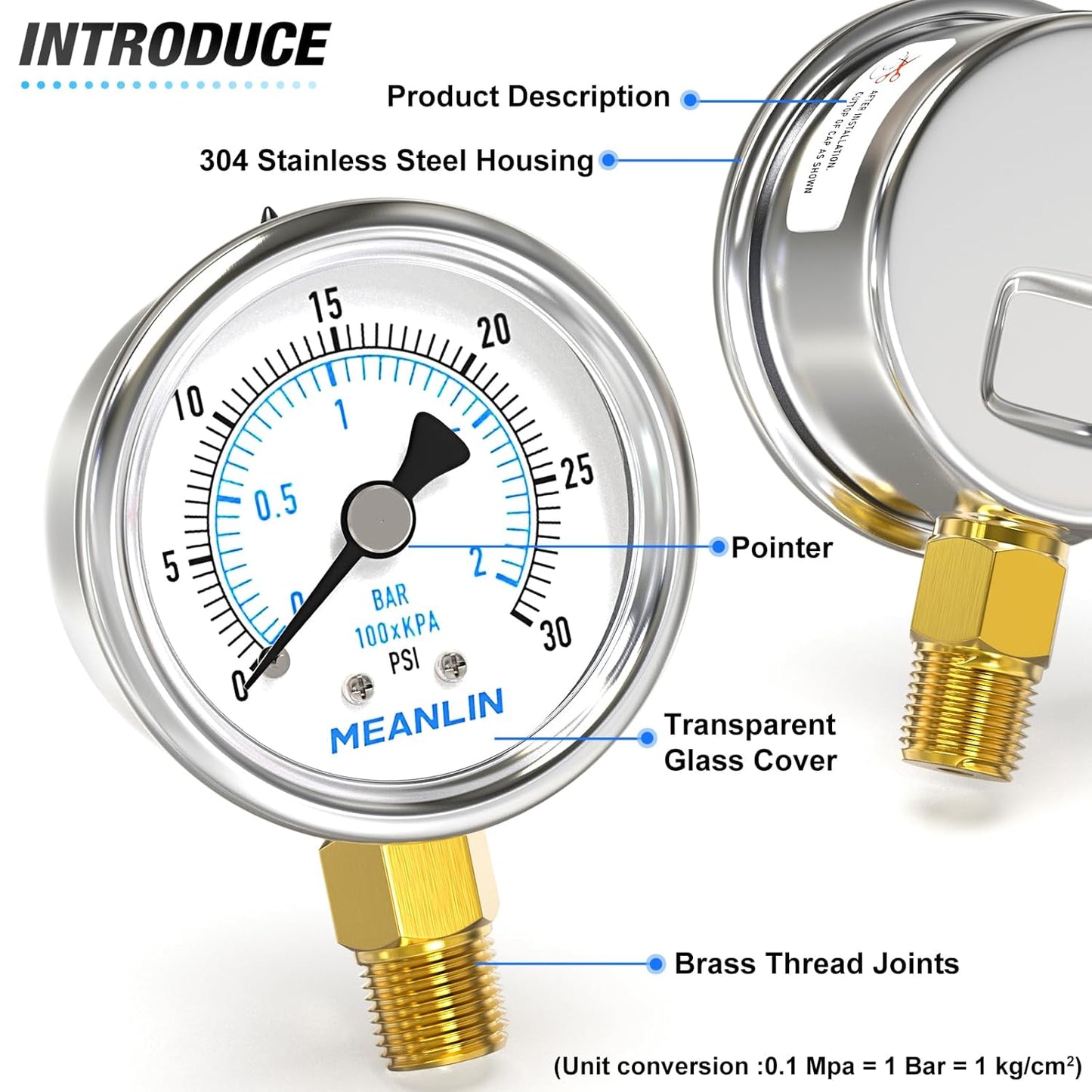 MEANLIN MEASURE 0~30Psi Dry Low Pressure Gauge Stainless Steel 1/4" NPT 2" FACE DIAL Waterproof for Pool Sand Filter Water Oil Air Pressure Test Lower Mount, with 1/2" NPT and 3/8" NPT Hex Bushing