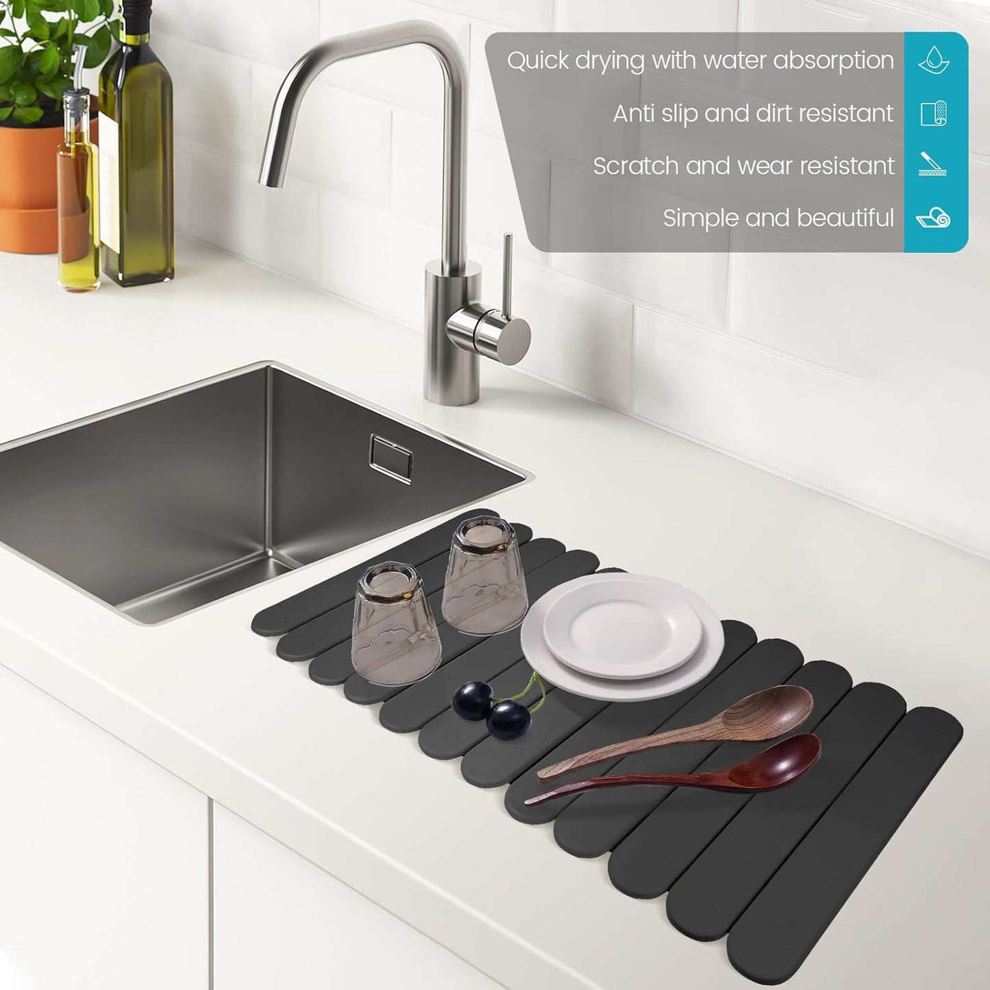 Extral Large Quick Dry Stone Drying Mat for Kitchen Counter,24"(L)x16"(W) Collapsible Eco-Friendly Absorbent Diatomaceous Earth Mat for Dishes Cups,Dish Drying Mats (Deep gray-Ellipse, 24x16 inch)