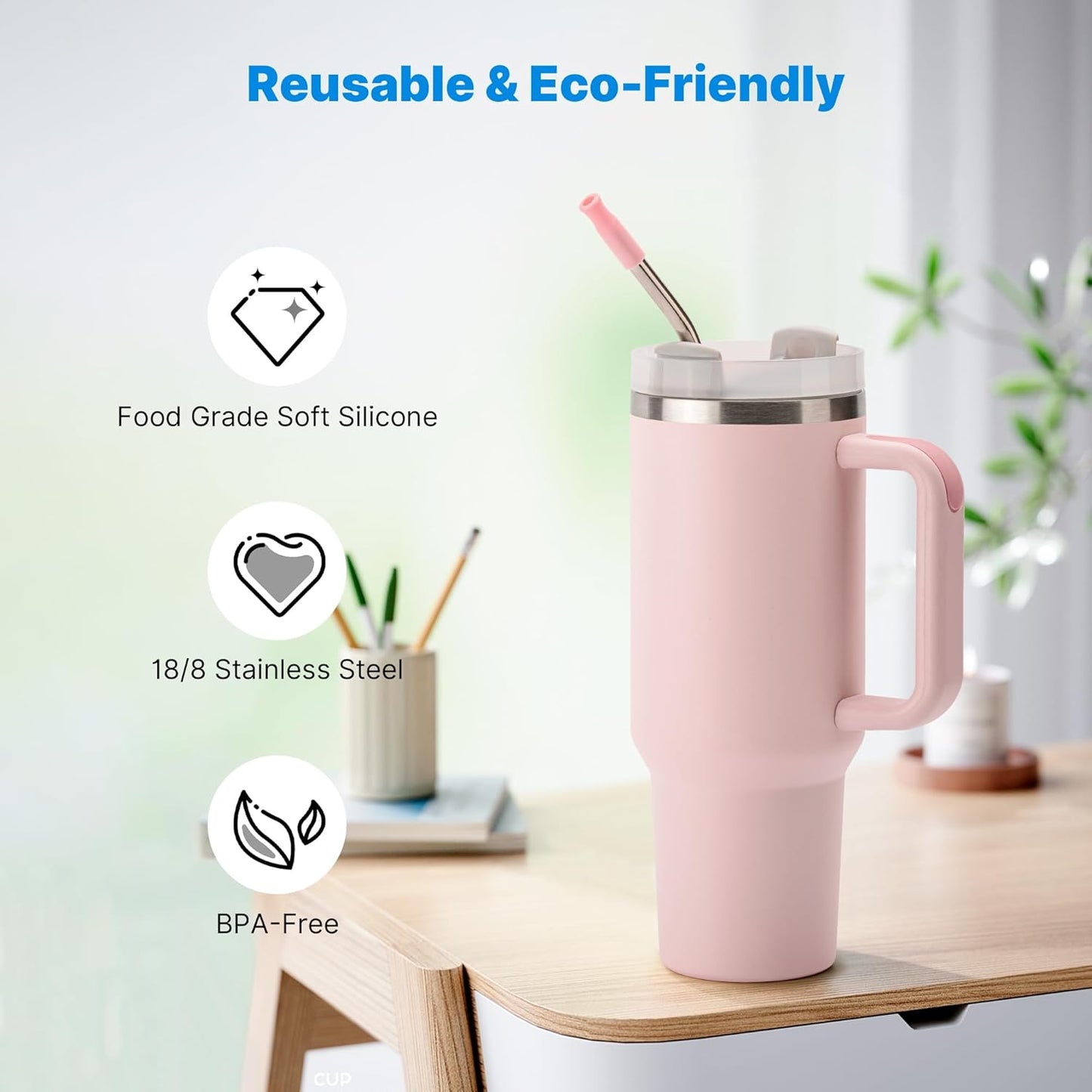 Repeatable Metal Straw with Silicone Tips for 30 oz Stanley Tumbler, 2 Pcs 30 oz Stainless Steel Straws Replacement for Stanley Tumbler, 1 Straw Brush, BPA Free（Light Pink）