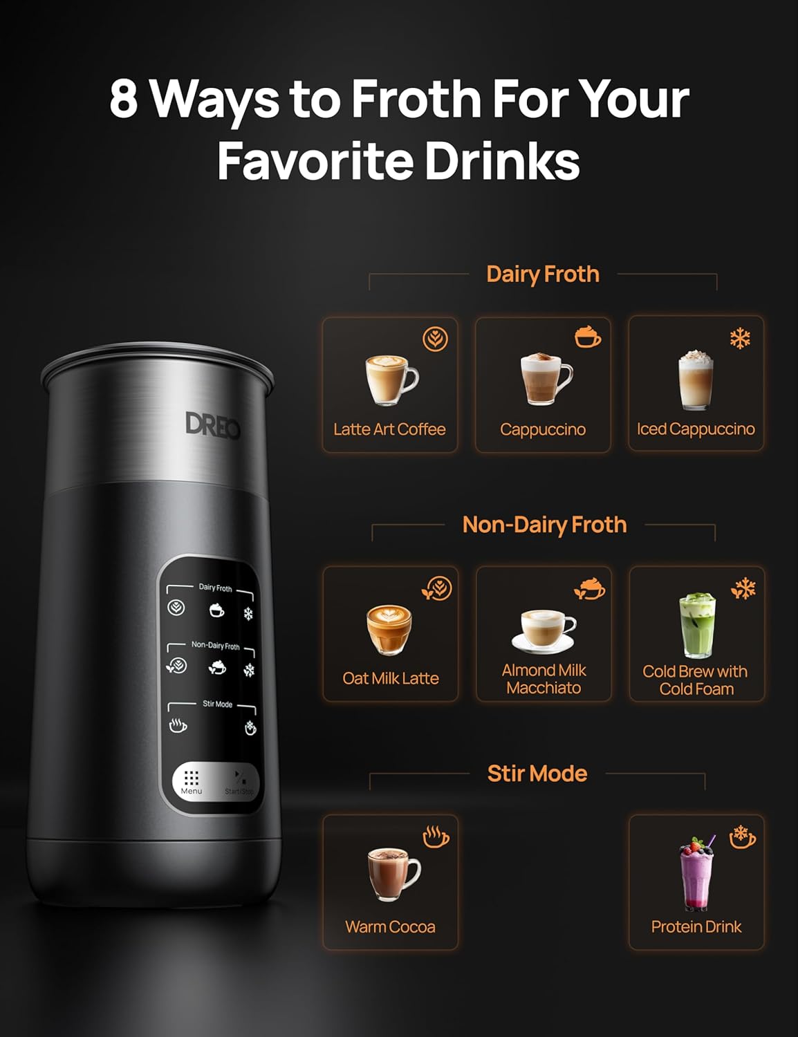 Dreo Milk Frother, 8-in-1 Electric Frother for Latte Art Coffee, 9oz/270ml Warm and Cold Foam Automatic Frothers for Dairy and Non-Dairy Milk, LED, Easy to Clean, BaristaMaker Air