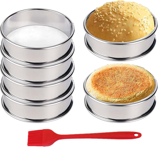 HLMOptimo English Muffin Rings, Stainless Steel Crumpet Rings, 6 Pcs Nonstick Metal Round Ring Molds with Silicone Oil Brush (4 inch)