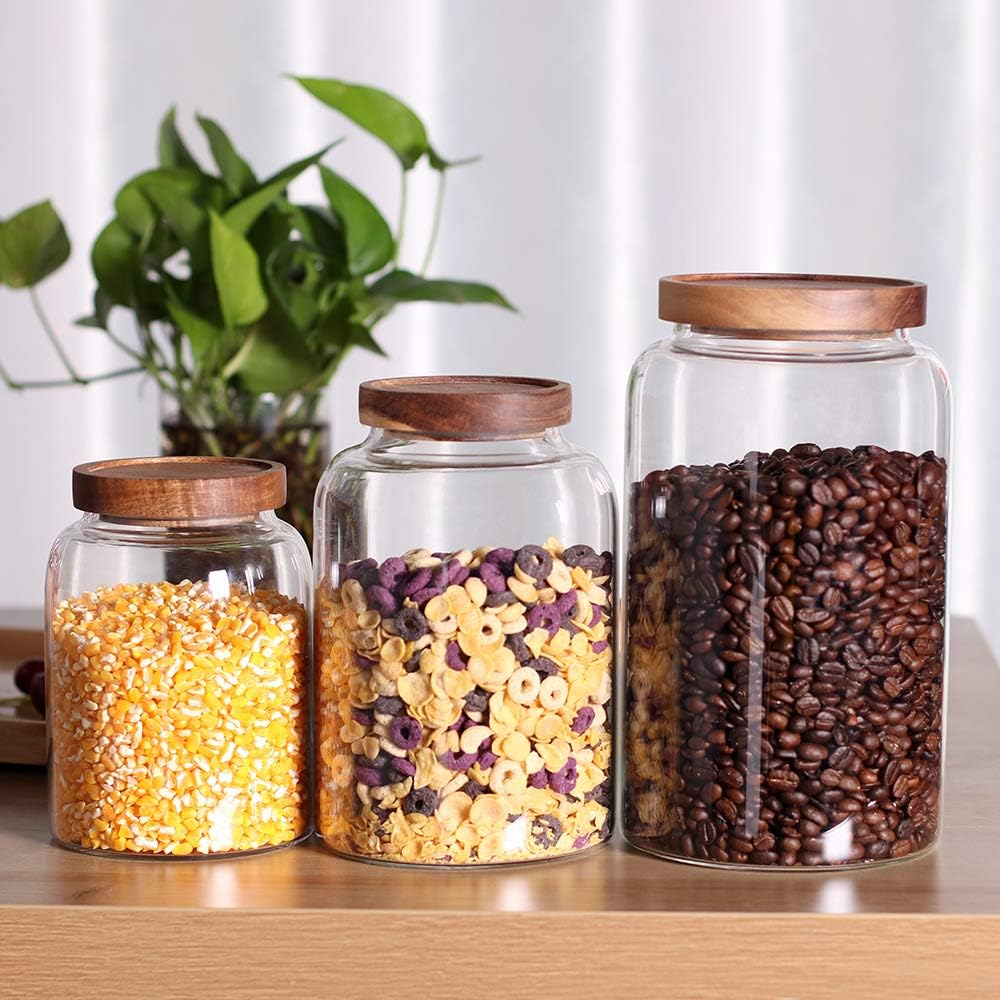 Glass Storage Jars with Airtight Lids, Set of 2 42 FL OZ (1250ml) coffee container with Wooden Lid, Glass Pantry Canister for Beans, Rice, Sugar and etc (6.3 inch high)
