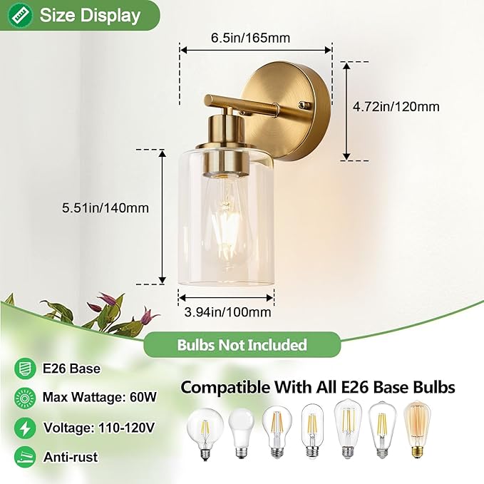 Zarbitta Set of 2 Wall Sconces for Bathroom, Brushed Gold Modern Vanity Lights - Image 8