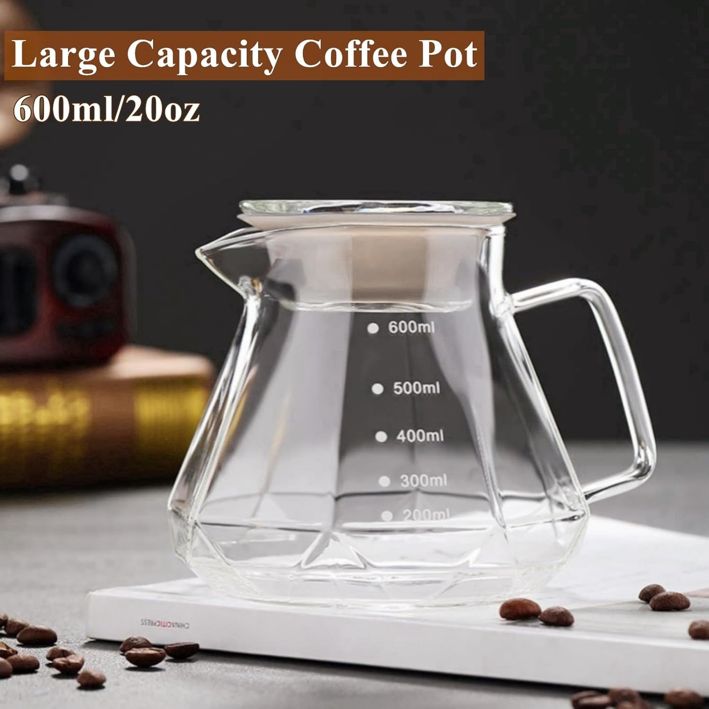 Pour Over Coffee Maker Set 20 oz, 600 ml Borosilicate Glass Coffee Server with Glass Lid, 50 pcs Paper Filter, Walnut Handle Pour Over Coffee Dripper for Home Café Restaurant, Clear