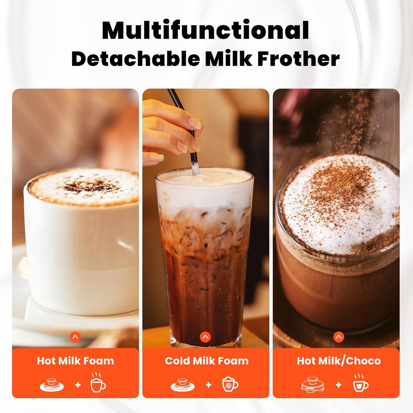 Stainless Steel Milk Frother for Coffee, 3-in-1 Electric Milk Warmer & Foam Maker, 12oz Hot Cold Frothing, Thick Foam for Macchiatos, Cappuccinos (Orange)