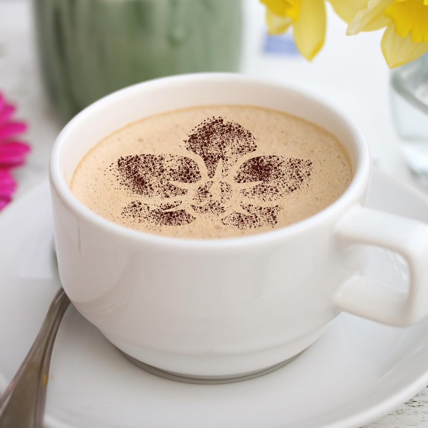 NAKLEO Coffee Stencils and Cookies Decoration 14Pcs 2.8”x2.8” and 4.3”x4.3”, Reusable Plastic Baking Templates, Flowers Rose Tulip, Barista DIY Art Craft, Capuccino Latte Chocolate Cake Biscuit