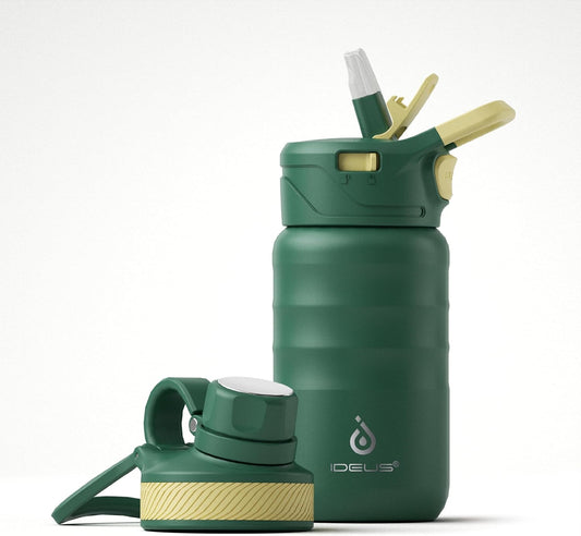 IDEUS Insulated Water Bottle 12oz, Stainless Steel Insulated Water Bottle For School, Insulated Bottles With Straws Leakproof, Vacuum Double Wall Water Bottles For Boys And Girls With 2 Lids, BPA Free