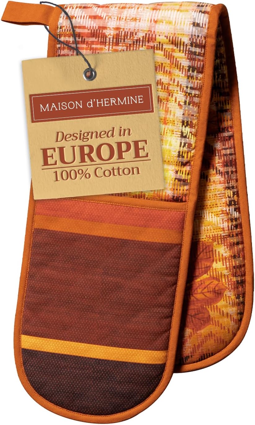 Maison d' Hermine Double Oven Mitts 100% Cotton 7"x35" Double Oven Mitt Heat Resistant BBQ Cooking Gloves with Loop, Baking, Grilling, Home, Kitchen, Handling Hot Pans (Thanksgiving Tartan)