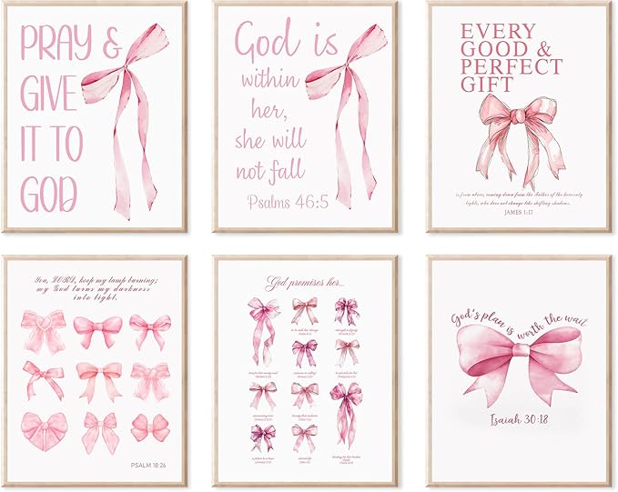 KBKBART Coquette Pink Bow Wall Art Decor Posters– Set of 6 Unframed 8x10 Prints by KBKBART