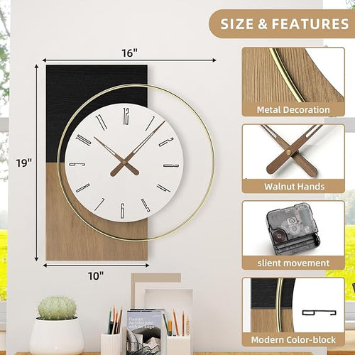19x16 Inch Modern Silent Wall Clock Battery Operated, Wooden Farmhouse - Image 2