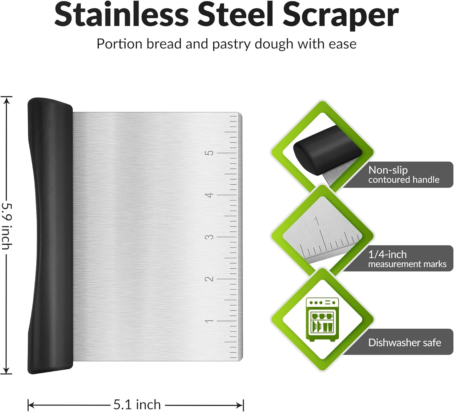 Rainspire Bench Scraper, Stainless Steel Dough Scraper, Pastry Scraper, Pizza and Dough Cutter Multi-Purpose Scraper/Chopper, Pizza Cutter Food Chopper Baking Supplies Kitchen Gadgets, Black