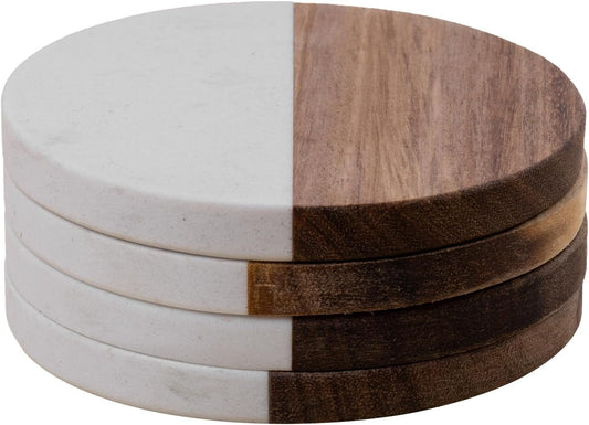 Marble Coasters: 4-Piece Set of Acacia Wood Marble Coasters, Suitable for Kitchens, Offices, and can be Used as Gifts (Round White)