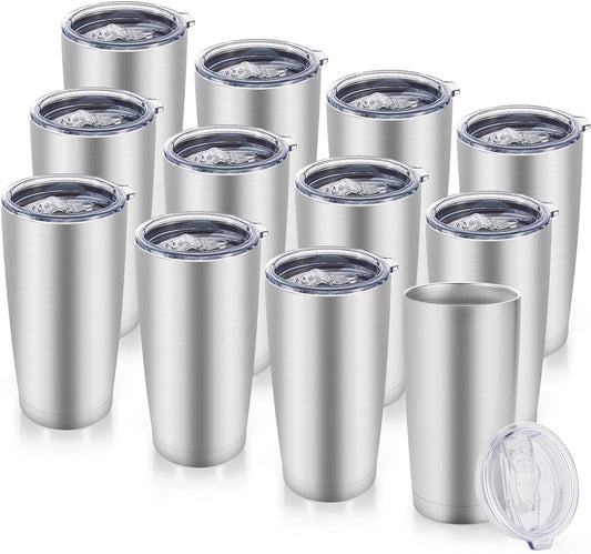 20 oz Tumblers Bulk Stainless Steel Tumbler with Lid Double Wall Vacuum Insulated Coffee Mug 20oz Powder Coated Cup for Hot and Cold Drinks, Stainless, 12 pack
