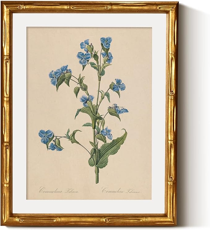 InSimSea Gold Bamboo Framed Canvas Wall Art, Retro Blue Myosotis Botanical by InSimSeaArt
