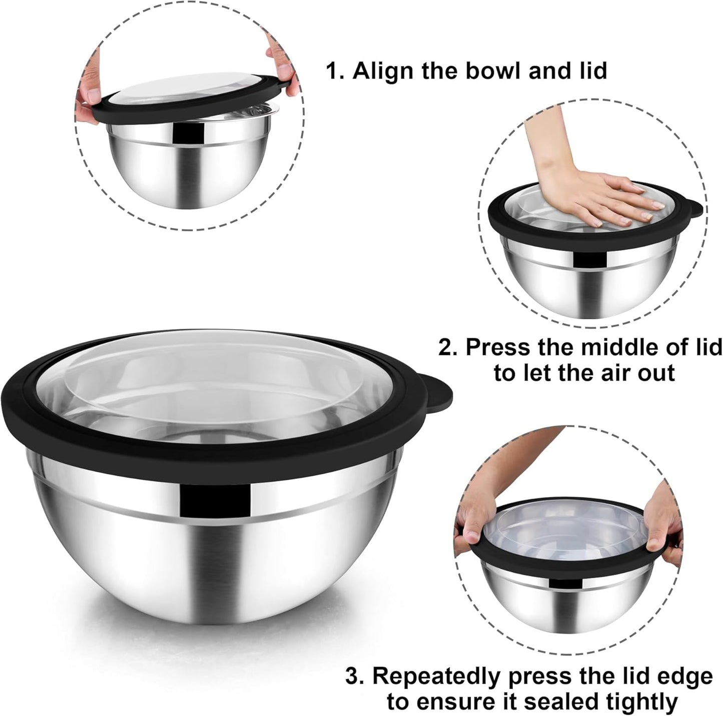 TeamFar Mixing Bowls, 4.5/3/1.5 QT Stainless Steel Nesting Salad Bowls with Airtight Lids, For Serving/Mixing/Storing/Prepping, Non-Toxic & Sturdy, Visible & Easy Clean, Black, Set of 3
