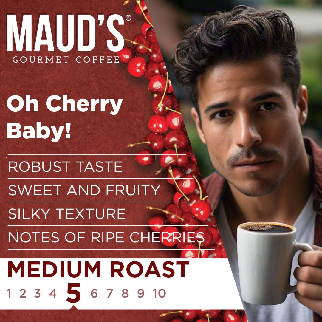 Maud's Cherry Flavored Coffee Pods, 50 ct, Medium Roast Flavored Coffee in Recyclable Single Serve Pods – 100% Arabica Beans, Compatible with Keurig K Cups Maker