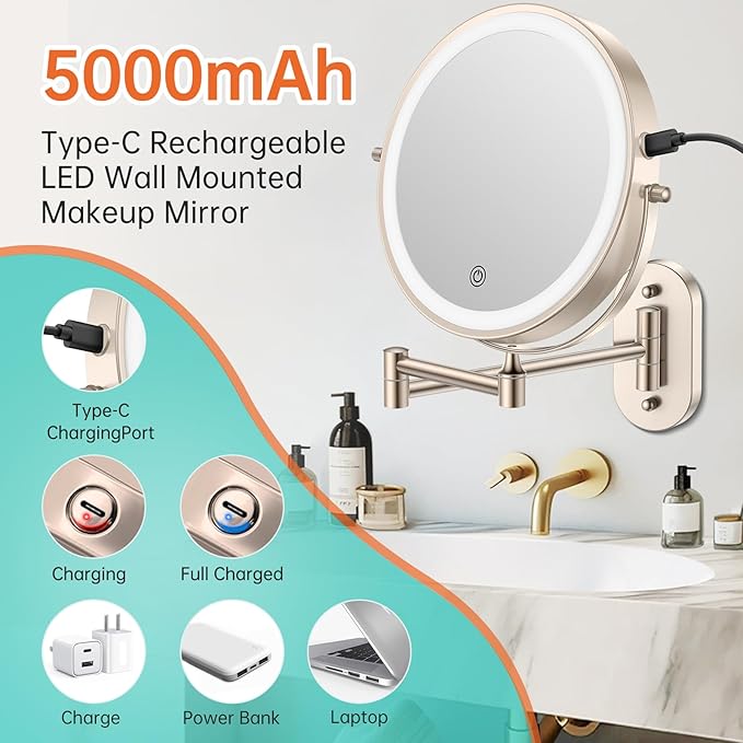 5000mAh Rechargeable Wall Mounted Lighted Makeup Vanity Mirror, Double Sided 1X - Image 2