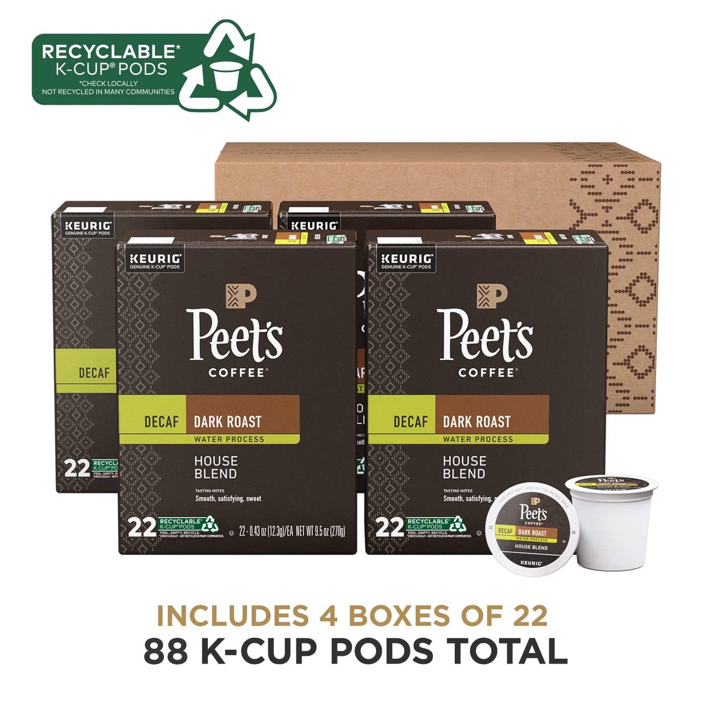 Peet's Coffee, Dark Roast Decaffeinated Coffee K-Cup Pods for Keurig Brewers - Decaf House Blend 88 Count (4 Boxes of 22 K-Cup Pods) (Pack of 2)