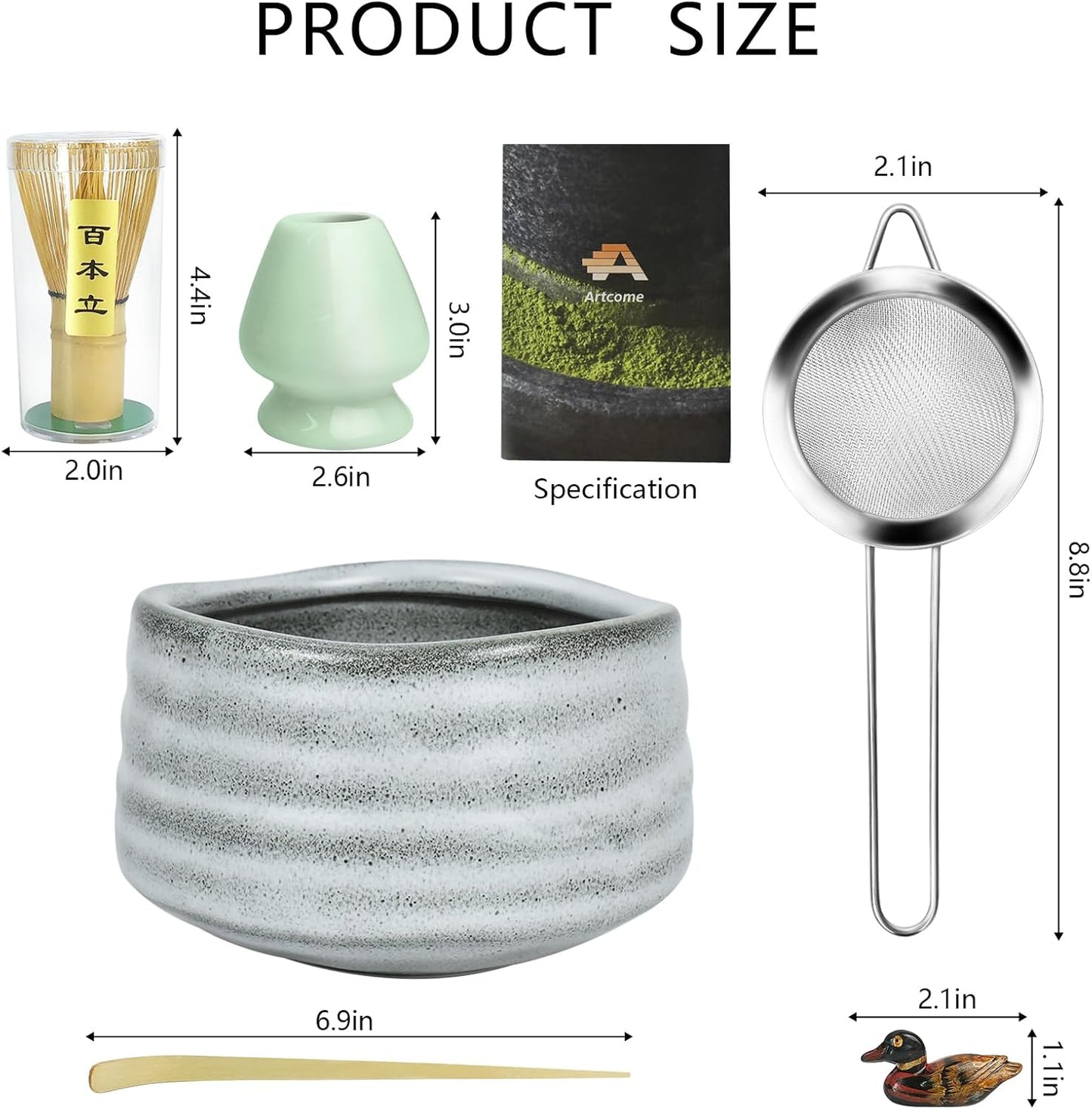 Artcome Matcha Ceremony Kit for Japanese Tea Ceremony, Traditional Matcha Bowl, Whisk, Tea Scoop, Matcha Powder Strainer, Matcha Tea Set For Making Usucha, Koicha and Matcha Latte (Gray)