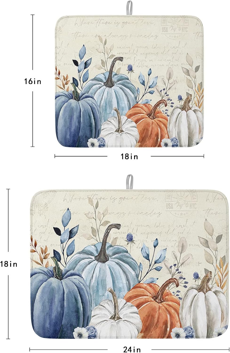 Fall Dish Drying Mat for Kitchen Counter Blue Pumpkin Drying Pad Absorbent Drying Mats for Countertops Sinks Draining Racks Floral Leaves Drainer Holiday Harvest Thanksgiving Decorations 18x24