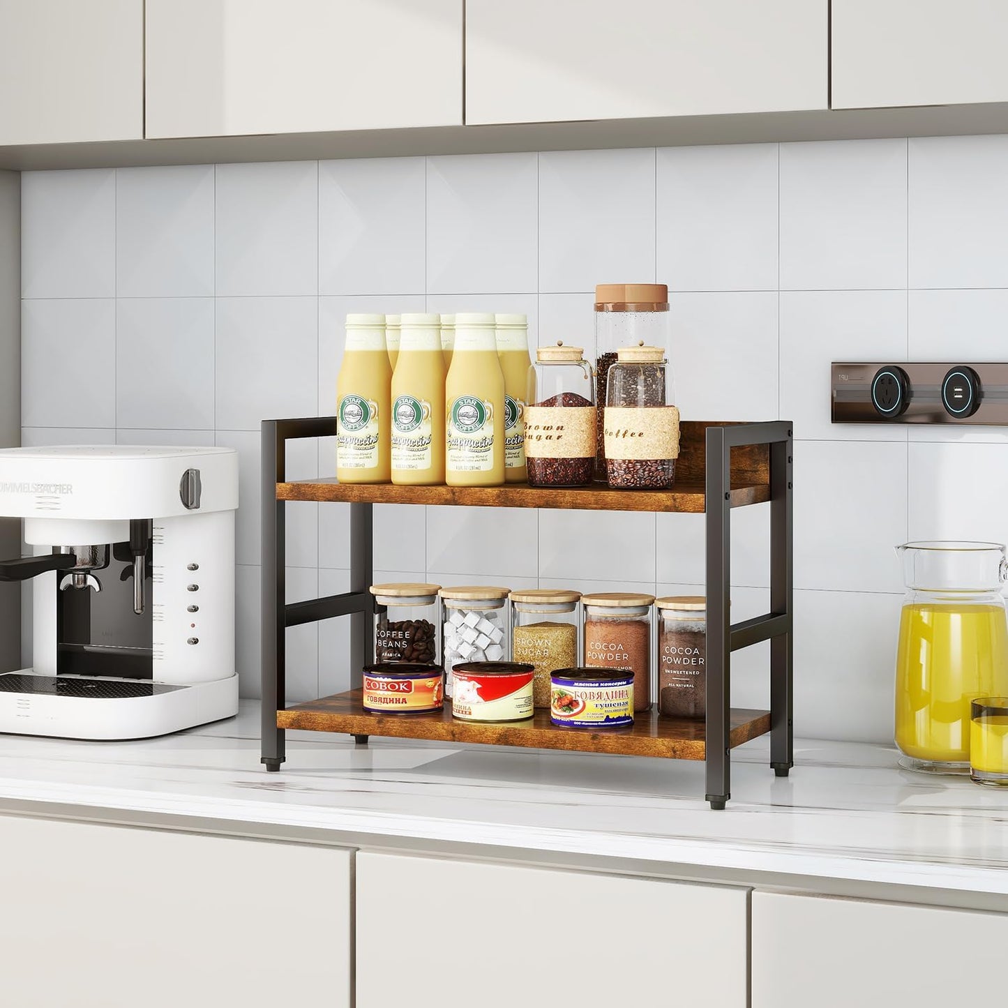 IBUYKE 2-Tier Spice Rack Industrial Counter Shelf Desktop Storage Organizer Standing Seasoning Rack for Countertop Kitchen Office Living Room Desktop Rustic Brown UTLJ002H