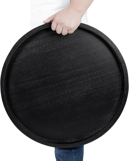 Round Ottoman Tray for Coffee Table Living Room Wood Serving Tray Large Wooden 24 Inches Black