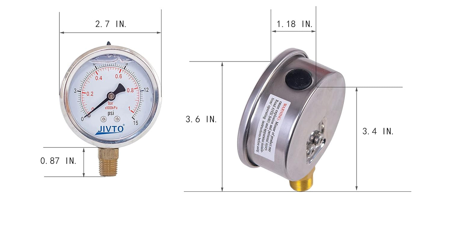 Pressure Gauge,Glycerin Liquid Filled,2.5" Dual Scale Dia,0-15 psi/bar/kpa,1/4" NPT Male Brass Connection,Lower Mount, Stainless Steel Case,for Pneumatic,Pump,Hose,Well Tank,Gas Air Water Oil