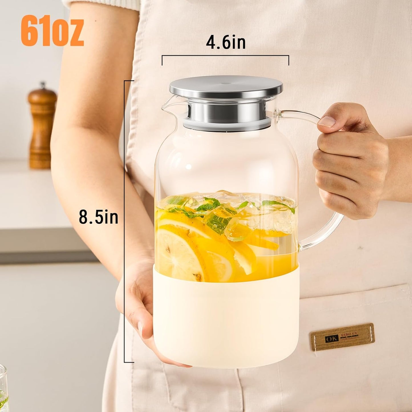 PARACITY Water Jug Water Pitcher with Silicone Base 61oz/ 1.8L, Hot& Cold Glass Pitcher with Lid and Handle, Glass Carafe with Lid for Coffee, Juice, Lemonade and Milk (Off-white base)