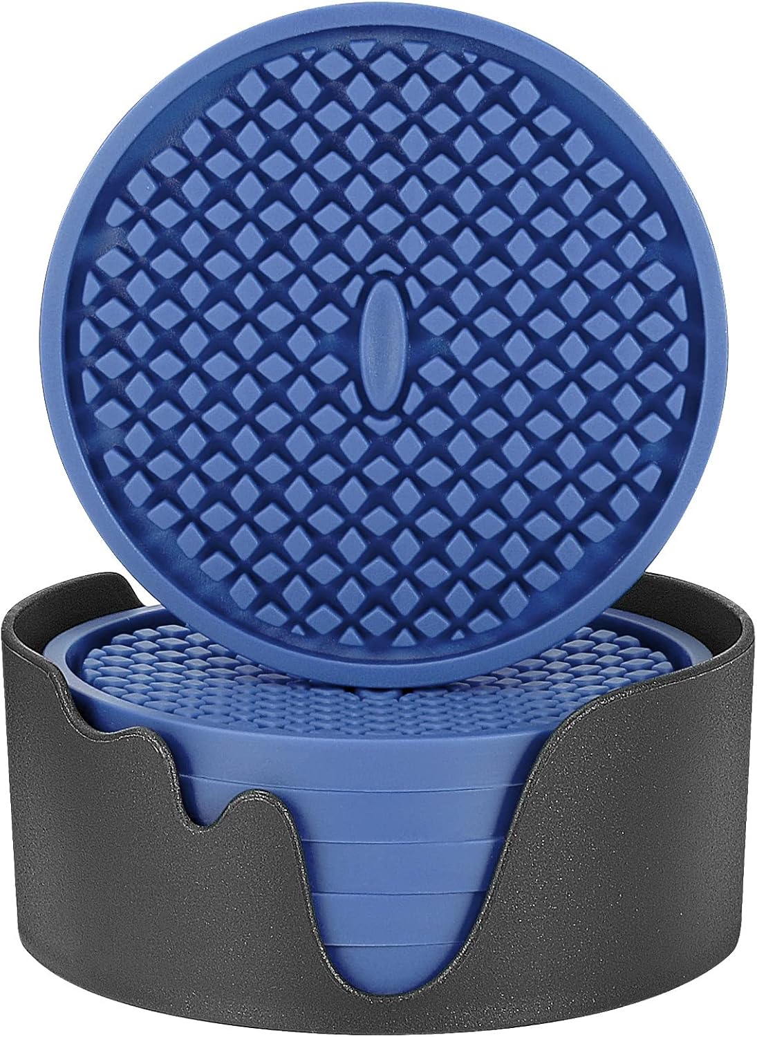 ME.FAN Silicone Coasters [6 Pack] Thickened Drink Coasters with Holder - Cup Mat - Non-Slip, Non-stick, Stay Put, Deep Tray - Prevents Furniture and Tabletop Damages(Navy Blue)