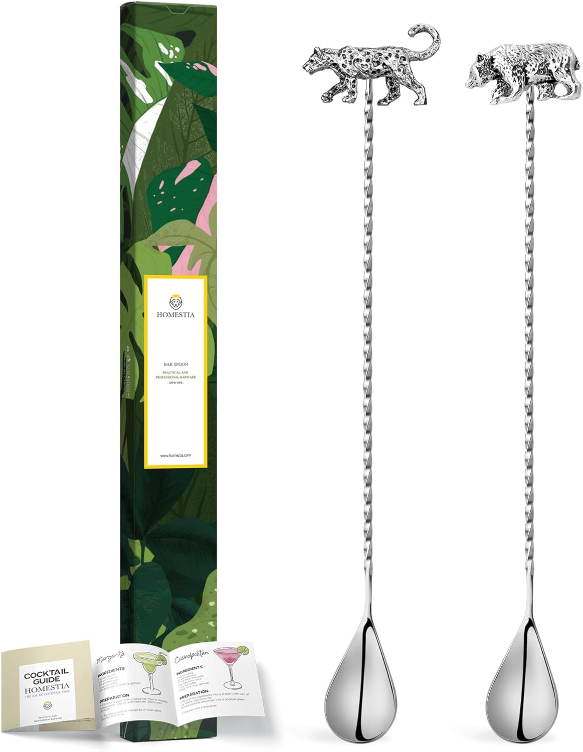 Homestia 2 Pcs Bar Spoon, 12 Inch Stainless Steel Cocktail Mixing Spoon, Long Handle Drink Mixing Spoons for Mixing Glass and Shaker, Cocktail Stirrer Sets with Leopard Bear End (Silver)