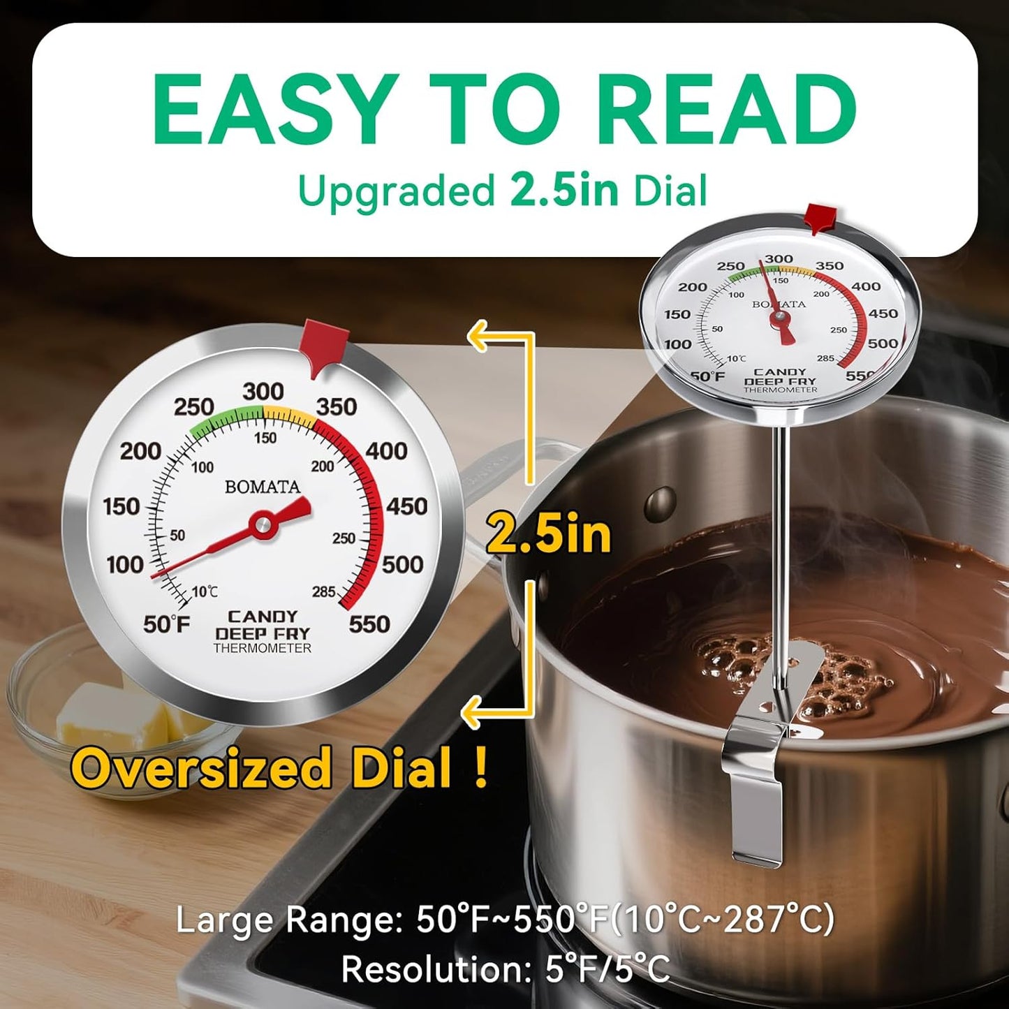 BOMATA Waterproof IP67 Candy Thermometer with Pot Clip, Deep Fry Oil Thermometer with Upgraded 2.5in Large Display for Cooking, Food, Turkey, BBQ, Grill... Mth400
