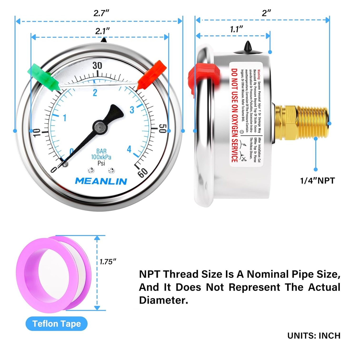 MEANLIN MEASURE 0~60Psi Liquid Filled Pressure Gauge 1/4" NPT 2.5" FACE DIAL Stainless Steel Glycerin Filled WOG Water Oil Air Back Mount (with 2PCS Snaps)