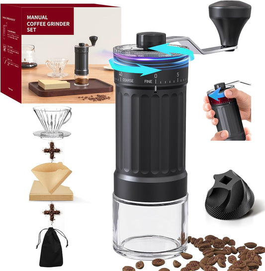 CIRCLE JOY Manual Coffee Grinder with 40 Levels External Adjustment and Ceramic Burr, Portable Hand Coffee Grinder Set with Pour Over Coffee Dripper, 50 Count V60 Coffee Filters and Storage Bag