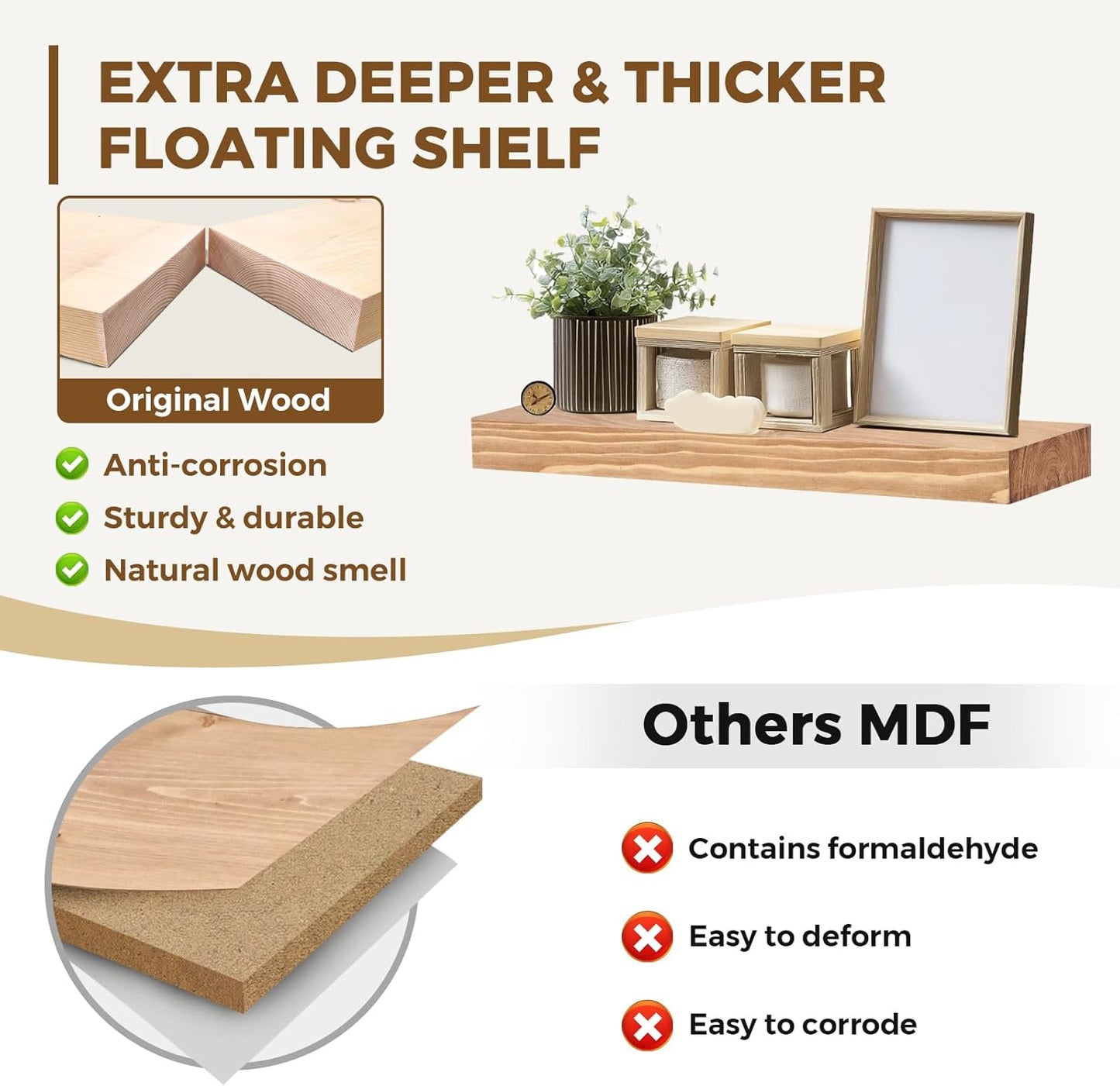 17x8x1.6 inch Floating Shelves Set of 2 – Solid Wood Rustic Wood Wall Mounted Shelf for Kitchen, Bathroom, Living Room