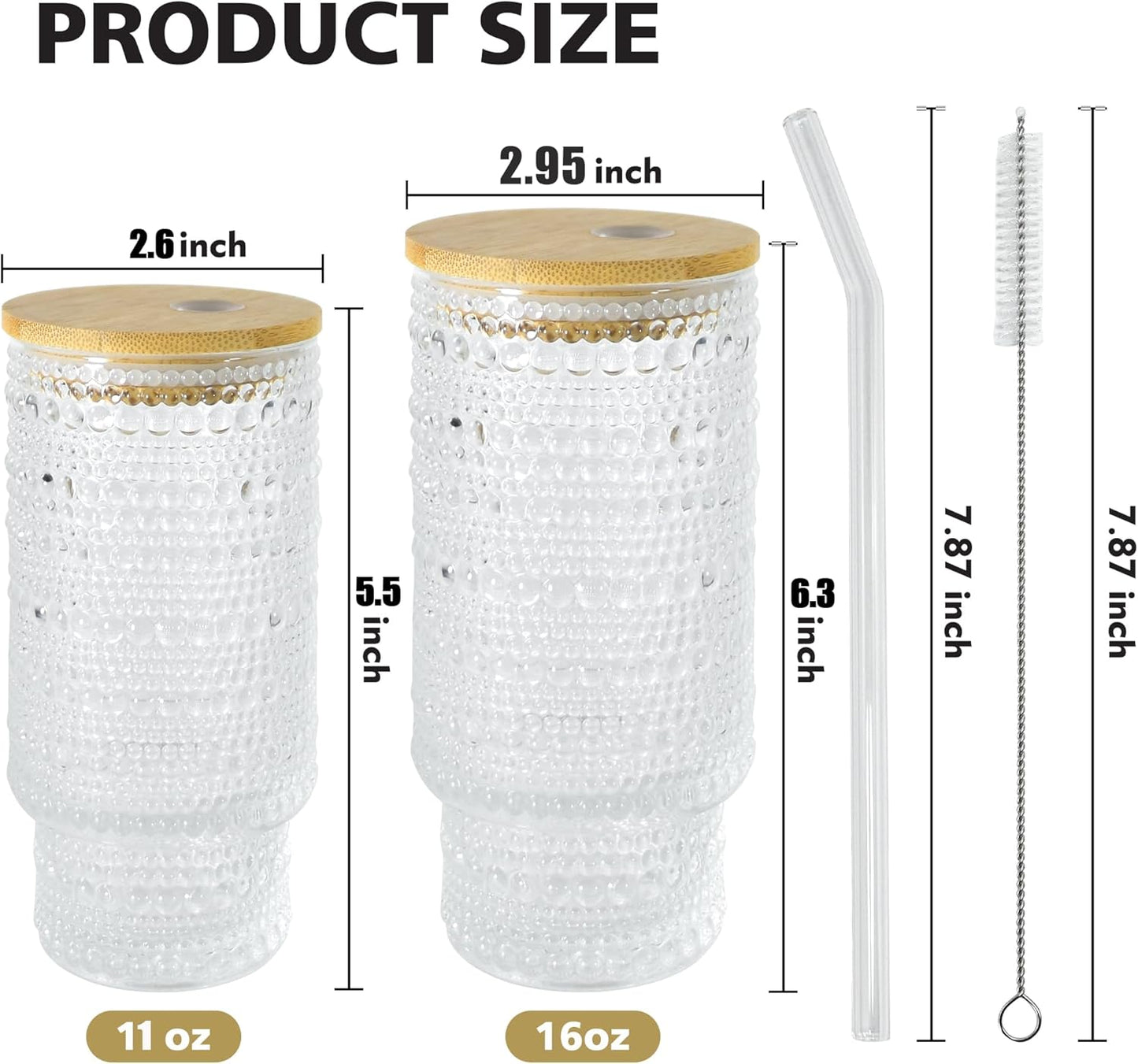 4 Pcs 16 oz Glasses Cups Set with Bamboo Lids Straws Brush Hobnail Glassware Set for Juice Iced Coffee Beer and Cocktail Whiskey