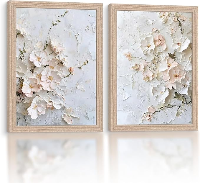 Framed 3D Floral Canvas Wall Art Textured Floral Oil Painting Modern Neutral by NCYEL