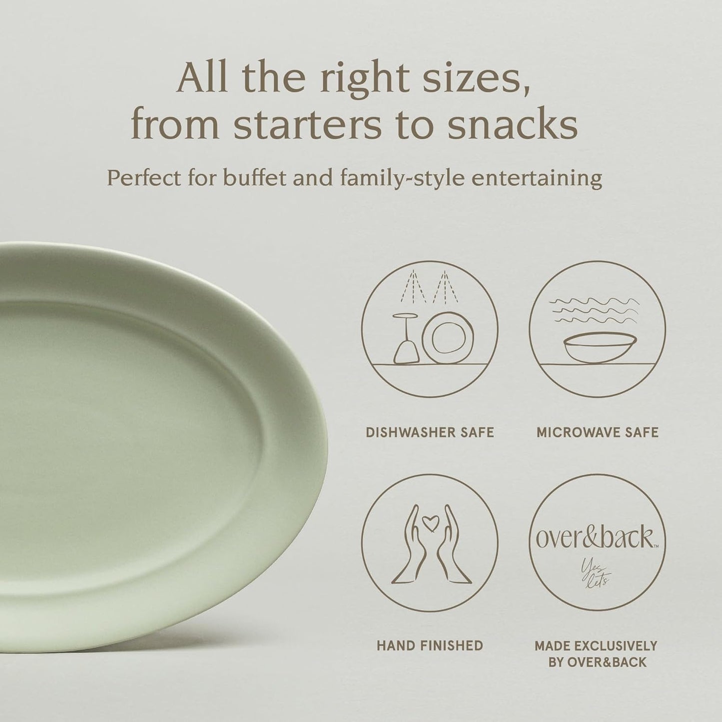 over&back Rim Stoneware Serving Platter - Elegant 1-Piece Oval Serving Platter to Complete Your Kitchen Set - 16" L x 10.8" W Semi-Matte Sage