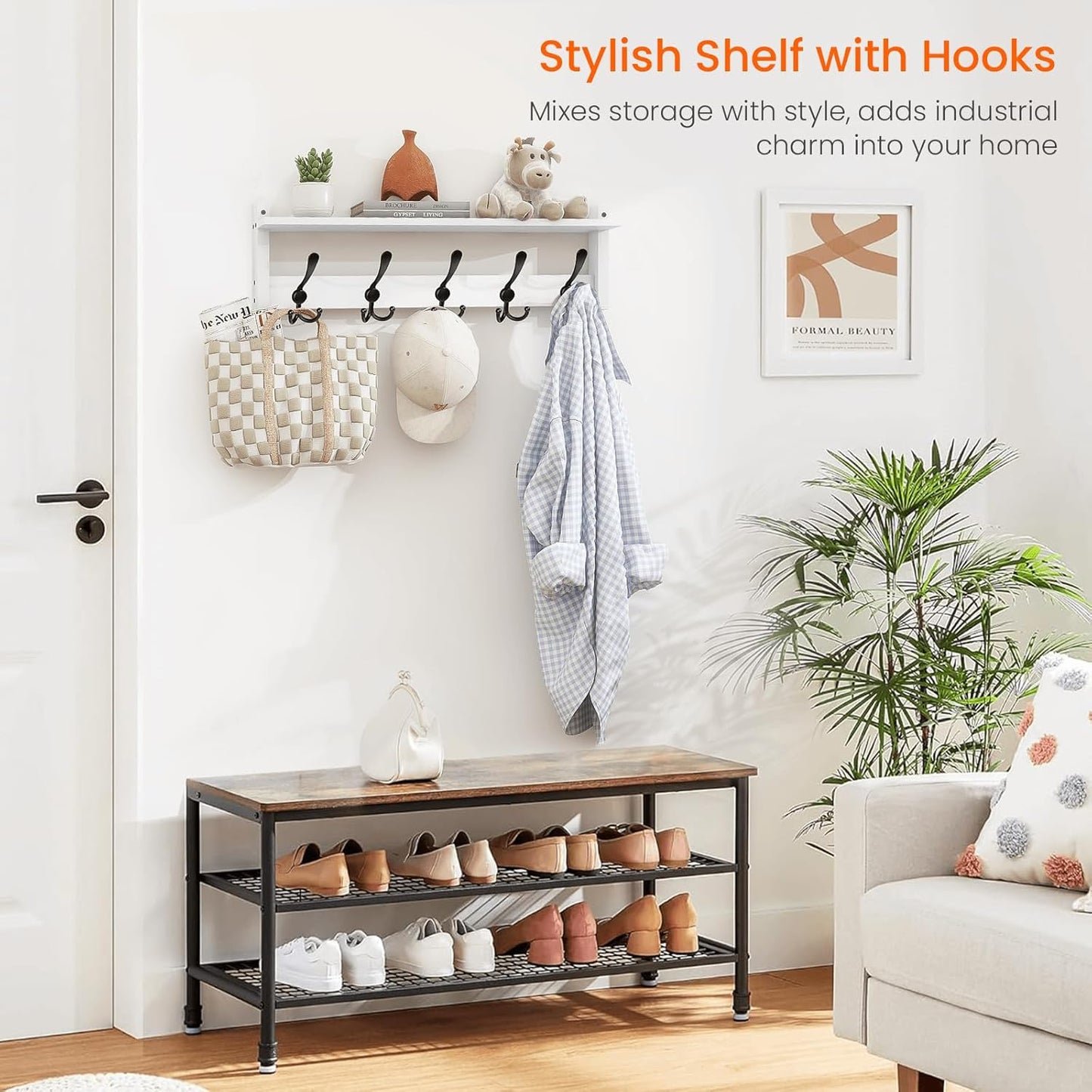 Homode Wall Shelf with Hooks, 24 Inch Coat Rack with Tri Hooks, Farmhouse Entryway Floating Coat Hanger with Storage for Bathroom, Entry Way, Mudroom, White