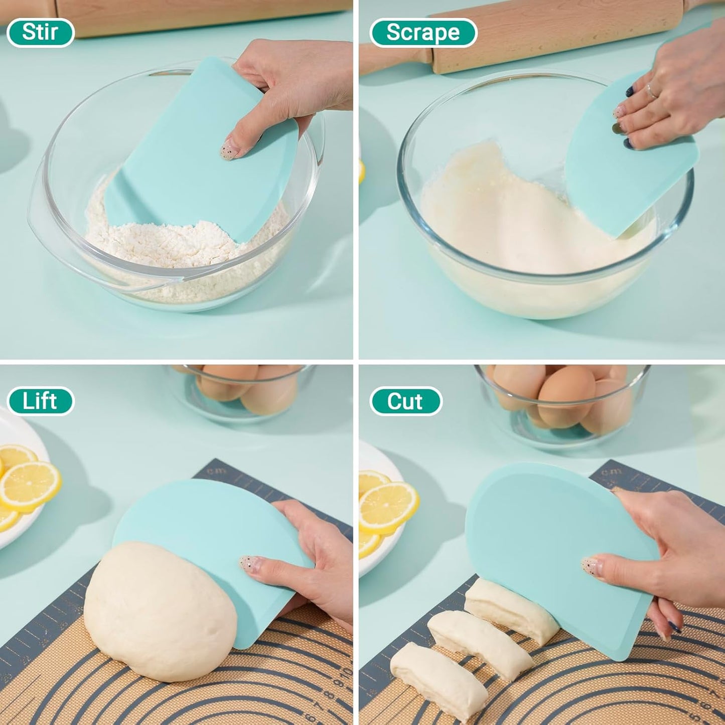 Silicone Dough Scraper with Stainless Steel Sheet, Curved Edge Flexible Bowl Scraper for Baking, Food Grade Silicone Bench Scraper for Sourdough Bread Proofing Basket, 5.98"×4.3", Mint Green, SAPID