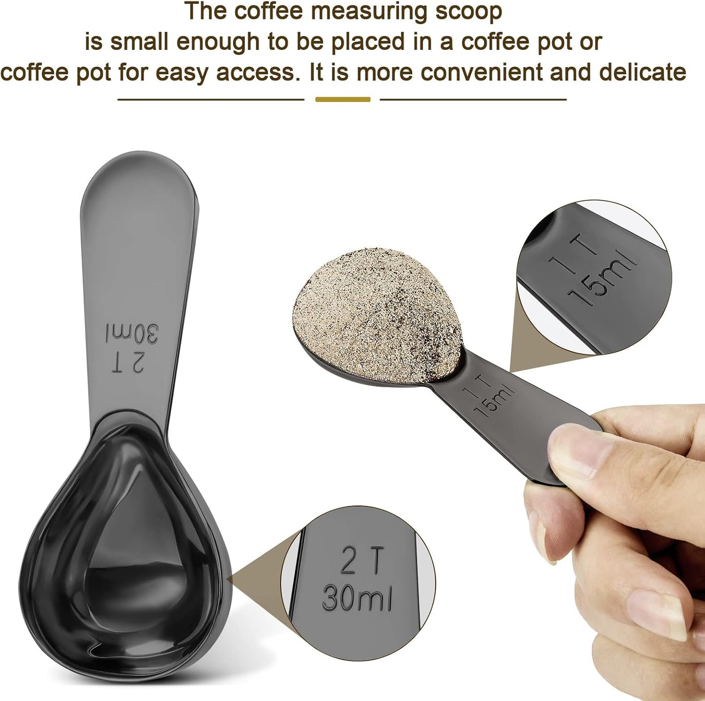 Stainless steel coffee scoop 2-piece set (1 tbsp, 2 tbsp) durable Tablespoon, ergonomic measuring spoon, Suitable for small and large jars，short-handled spoon (Black)