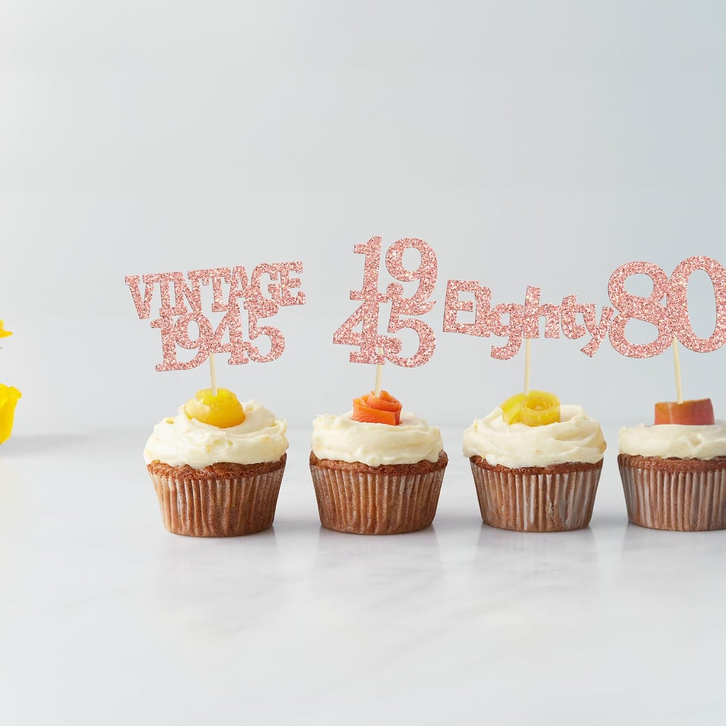Gyufise 24Pcs 80th Birthday Cupcake Toppers Glitter Cheers to 80 Fabulous Eighty Vintage 1945 Cupcake Picks 80th Birthday Wedding Anniversary Party Cake Decorations Supplies Rose Gold