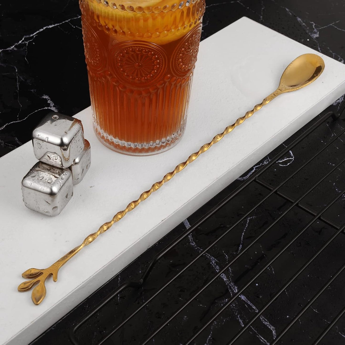 AnSaw Gold 12-Inch Stainless Steel Cocktail Spoon with Leaf Handle - Perfect for Mixing & Layering Drinks in Tall Cups, Bar & Shakers - Durable Long Handle Bar Stirrer,2-Pieces